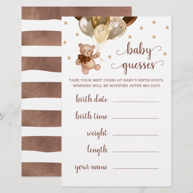 Papier Jeu de devinette bébé Baby Shower Teddy Bear  (Devant / Derrière)