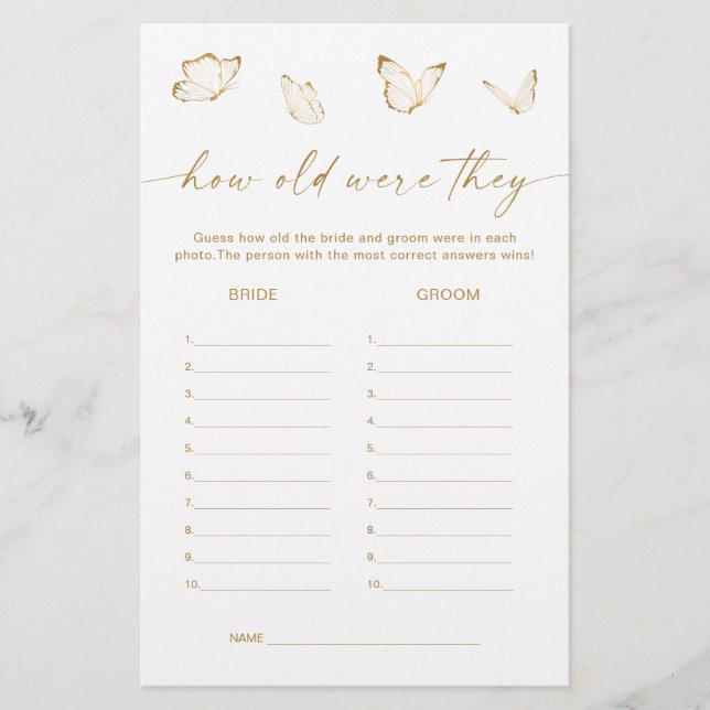 Papier Jeu de devinette d'âge de mariage Papillon en Or B (Devant)
