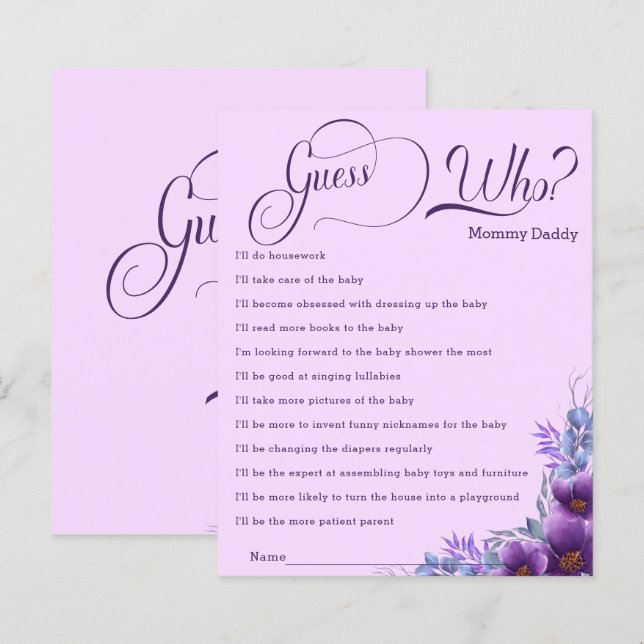 Papier Jeu de devinette de fleur violette à l'aquarelle é (Devant / Derrière)