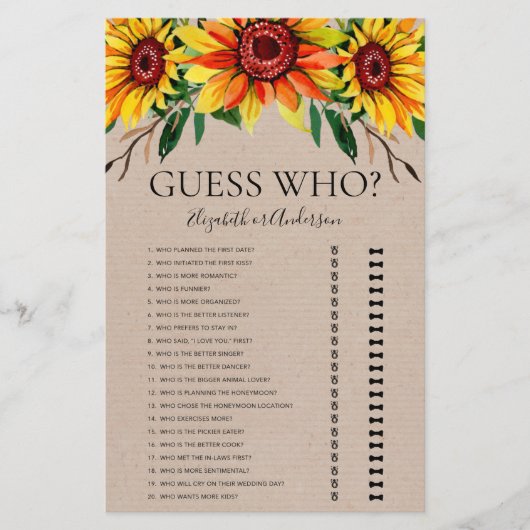 Papier Jeu de devinette de mariage aux tournesols rustiqu (Devant)