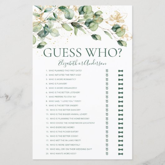 Papier Jeu de devinette de mariage Eucalyptus (Devant)