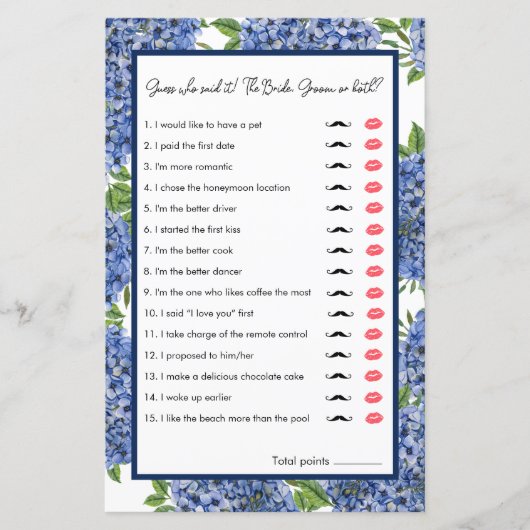 Papier Jeu de devinette de mariage Hydrangeas aquarelle (Devant)