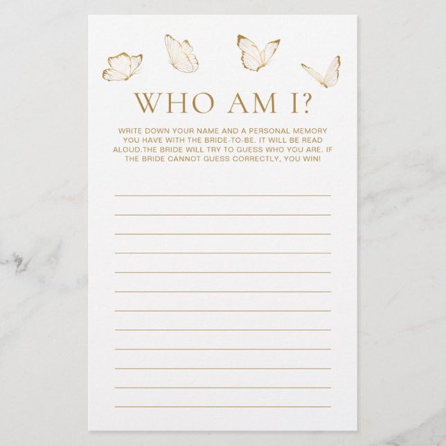 Papier Jeu de devinette de mariage papillon blanc et or p (Devant)