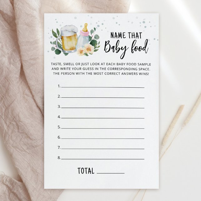 Papier Jeu de devinette de nourriture pour bébé - Bébé es (Greenery and Beer Baby Brewing Baby Shower Name That baby food Game)