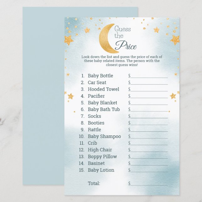 Papier Jeu de devinette de prix pour Baby Shower garçon " (Devant / Derrière)