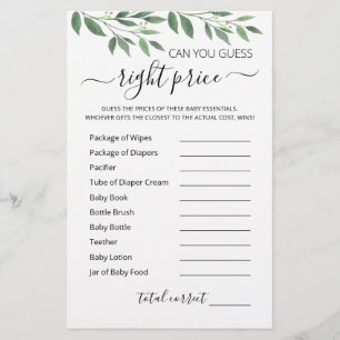 Papier Jeu de devinette du juste prix Baby Shower jeu de 