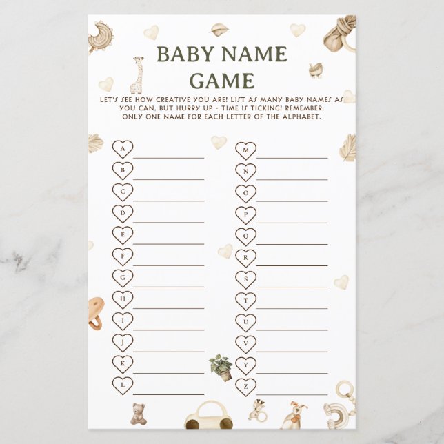 Papier Jeu de devinette du nom de bébé pour Baby Shower B (Devant)