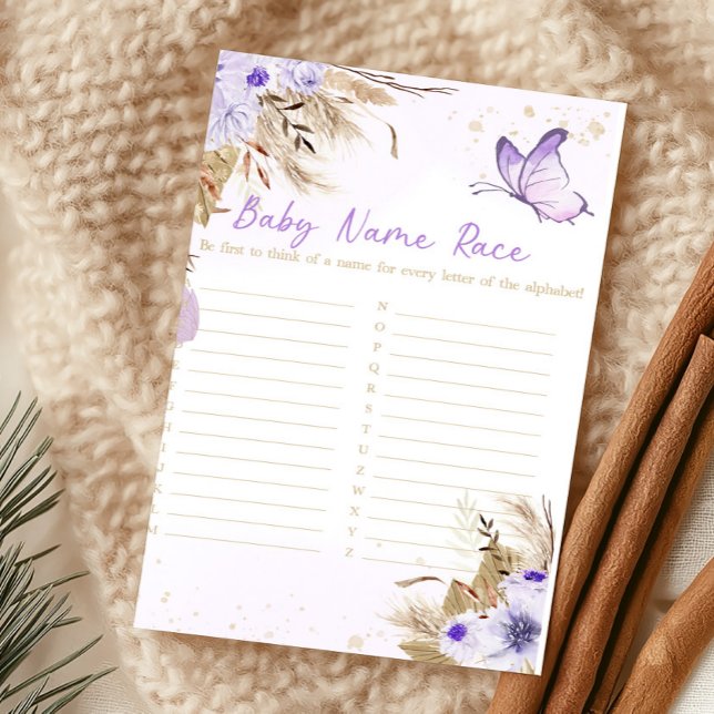 Papier Jeu de devinette du nom de bébé Shower papillon fl (Purple Baby Shower Baby Name Race Game)