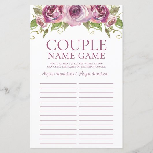 Papier Jeu de devinette du nom du couple LGBTQ Roses Viol (Devant)