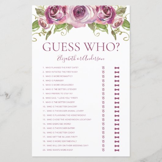 Papier Jeu de devinette floral violet pour enterrement de (Devant)