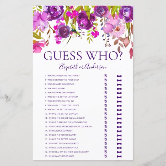 Papier Jeu de devinette floral violet pour enterrement de (Devant)