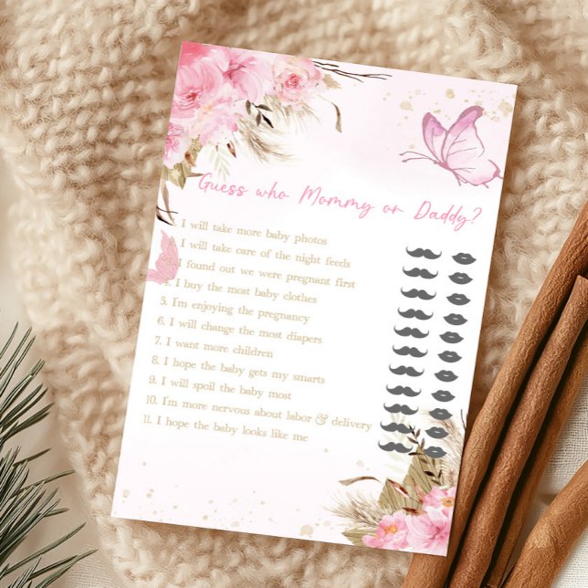 Papier Jeu de devinette Maman ou Papa à fleurs papillon (Pink Butterfly Baby Shower Guess Who Mommy or Daddy Game)