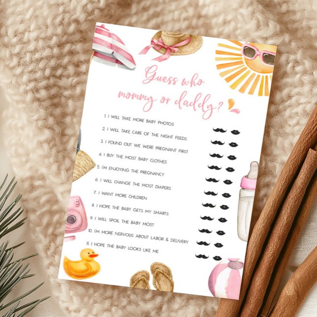 Papier Jeu de devinette Maman ou Papa Pink Splish Splash (Girl Summer Beach Baby Shower Guess Who Mommy or Daddy Game)