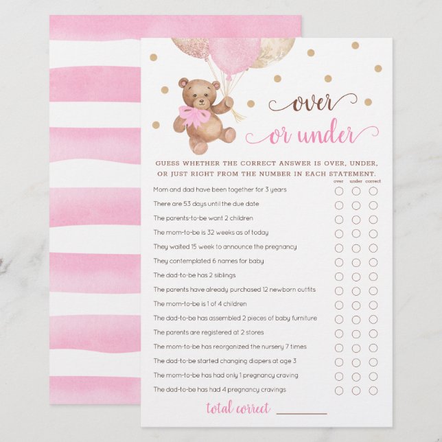 Papier Jeu de devinette Over ou Under Baby Shower Teddy B (Devant / Derrière)