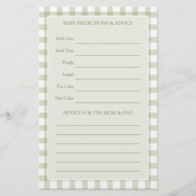 Papier Jeu de devinette pour Baby Shower au gingham vert  (Devant)