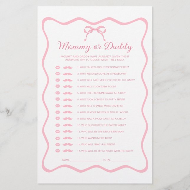 Papier Jeu de devinette pour Baby Shower avec un nœud pap (Devant)