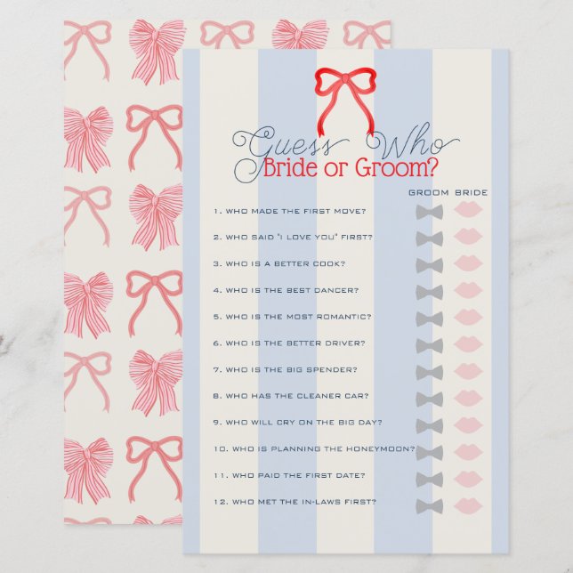 Papier Jeu de devinette pour la fête de mariage Ruban Rou (Devant / Derrière)