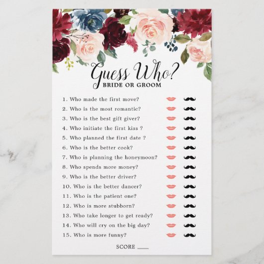 Papier Jeu de devinette pour mariage Burgundy Navy Blush (Devant)