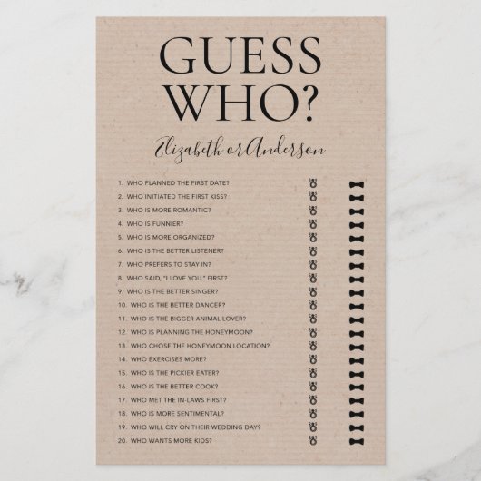 Papier Jeu de devinette Rustique pour la douche de mariée (Devant)