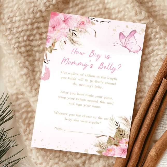Papier Jeu de devinette sur la taille du ventre de maman  (Pink Butterfly Baby Shower How Big Is Mommy's Belly Game)