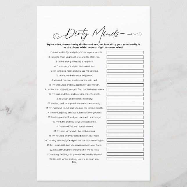 Papier Jeu de devinettes cochonnes pour enterrement de vi (Devant)