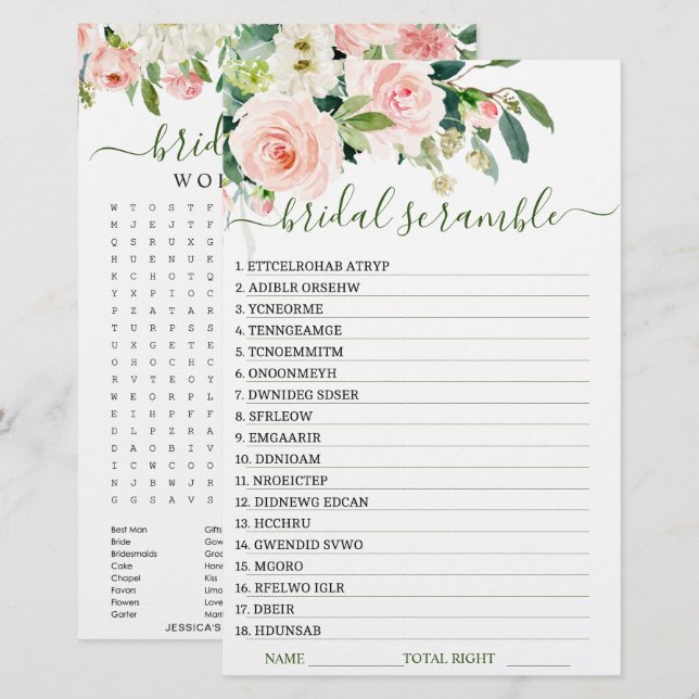 Papier Jeu de douche de mariée à double face Fleurs Rose  (Devant / Derrière)