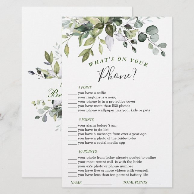 Papier Jeu de douche de mariée à l'aquarelle d'eucalyptus (Devant / Derrière)