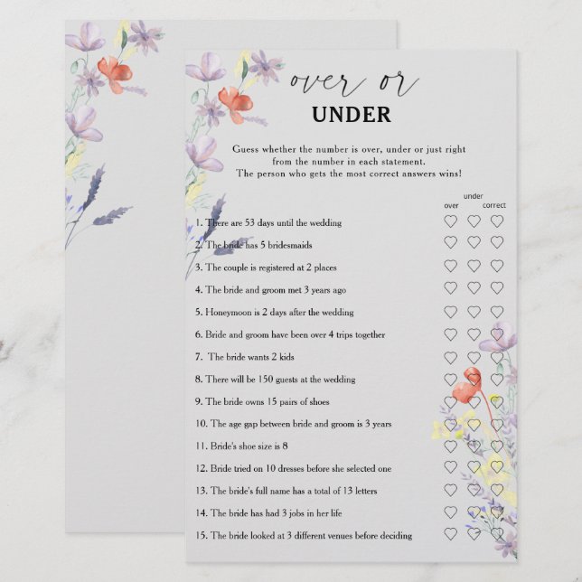 Papier Jeu de douche de mariée Boho Floral dessus ou dess (Devant / Derrière)