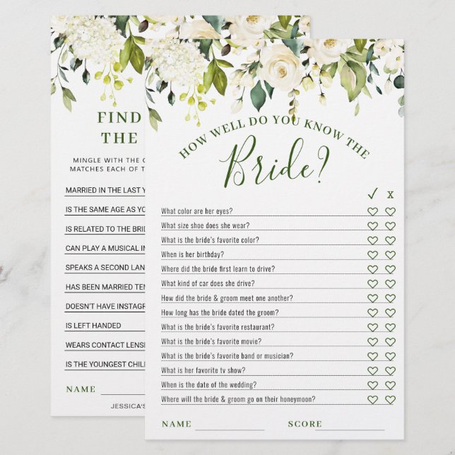 Papier Jeu de douche de mariée floral Roses blanches DOUB (Devant / Derrière)
