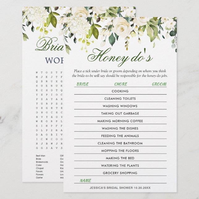 Papier Jeu de douche de mariée floral Roses blanches DOUB (Devant / Derrière)