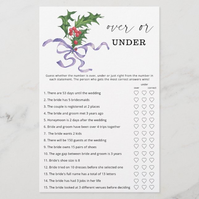 Papier Jeu de douche de mariée hiver dessus ou dessous (Devant)