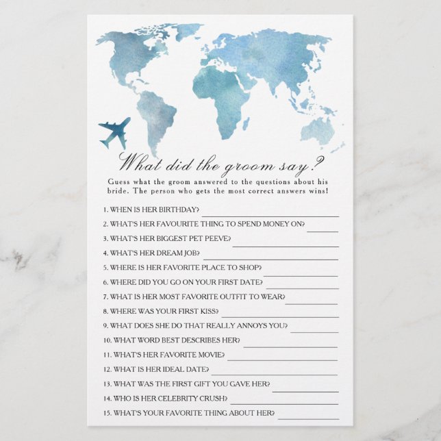 Papier Jeu de douche de mariée pour voyage ce que le mari (Devant)