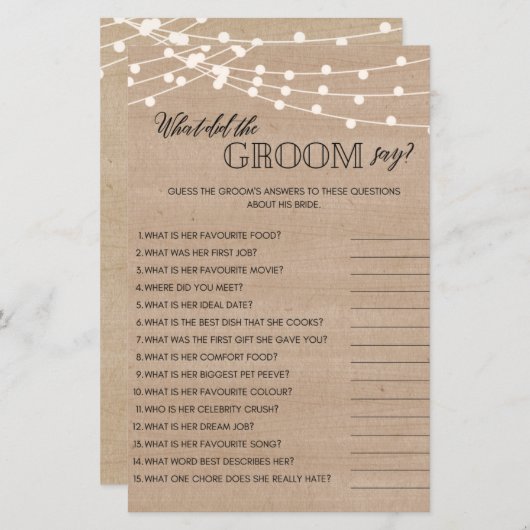 Papier Jeu de douche de mariée rustique que le marié a di (Devant / Derrière)