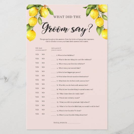 Papier Jeu de douche nuptiale au citron Que le marié a di (Devant)