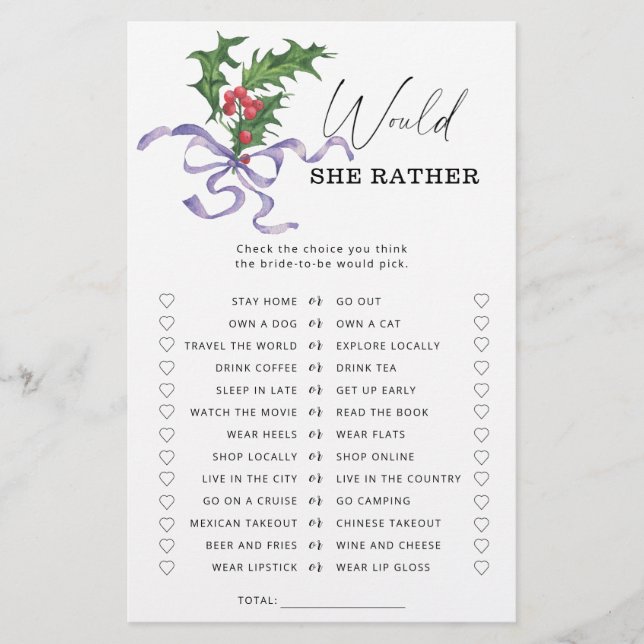 Papier Jeu de douche nuptiale d'hiver préféré (Devant)