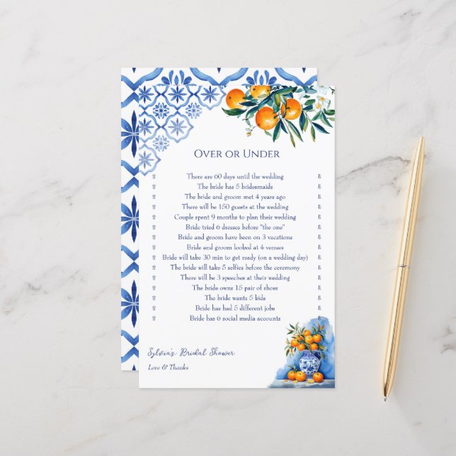 Papier Jeu de douche nuptiale sur ou sous bleu talavera (Devant/Arrière en situation)