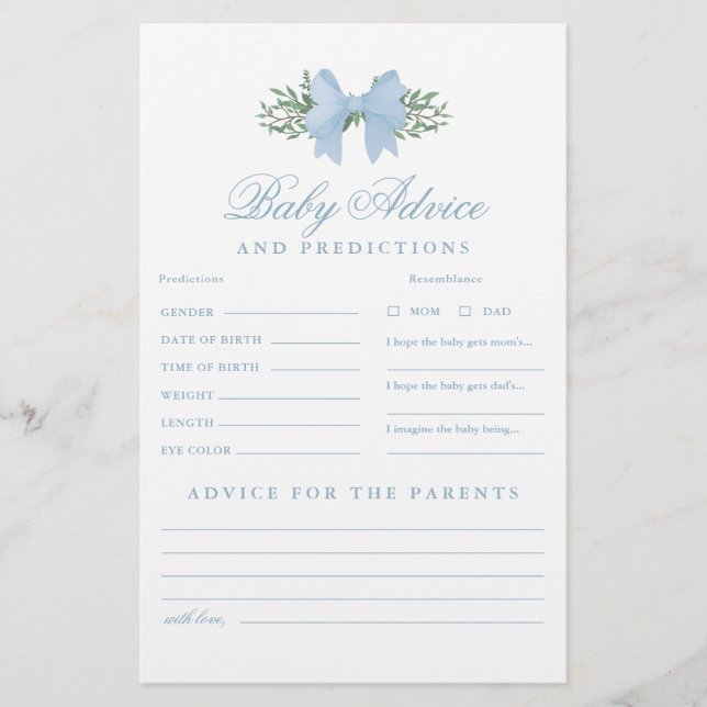 Papier Jeu de douche pour bébé Blue Bow avec conseils et  (Devant)