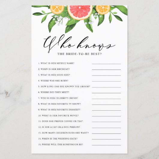 Papier Jeu de douche Qui connaît le mieux la mariée au pa (Devant)