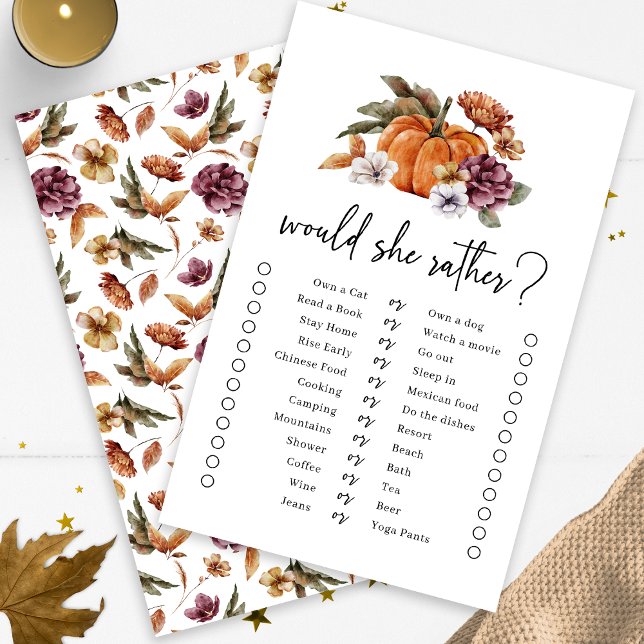 Papier Jeu de "Elle préférerait" d'automne (Fall Would She Rather Game Fall In Love Bridal Shower Pumpkin Florals by Painted Paperie)