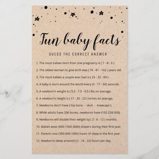 Papier Jeu de faits amusants sur bébé avec réponses pour  (Devant)