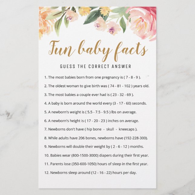 Papier Jeu de faits amusants sur bébé avec réponses pour  (Devant)