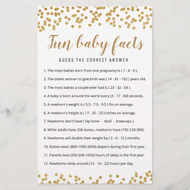 Papier Jeu de faits amusants sur bébé avec réponses pour  (Devant)