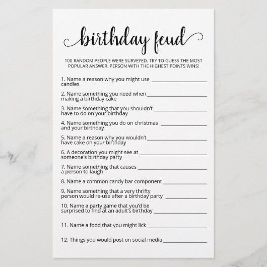 Papier Jeu de fête d'anniversaire avec réponses (Devant)