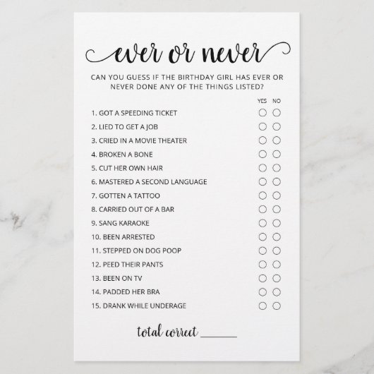 Papier Jeu de fête d'anniversaire Ever ou Never (Devant)