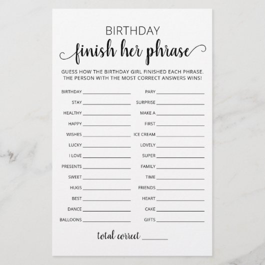 Papier Jeu de fête d'anniversaire Finir sa phrase (Devant)