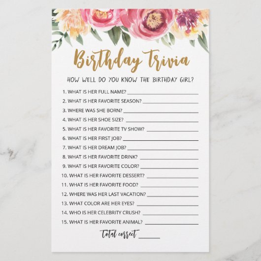 Papier Jeu de fête d'anniversaire modifiable Trivia (Devant)