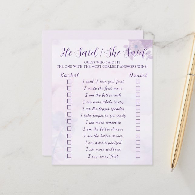 Papier Jeu de Fête de Fiançailles "Il a dit, Elle a dit"  (Devant/Arrière en situation)