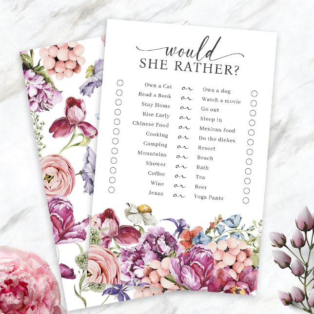 Papier Jeu de fête de mariage coloré (Colorful Jewel Tone Wildflower  Would She Rather Bridal Shower Game by Painted Paperie
)