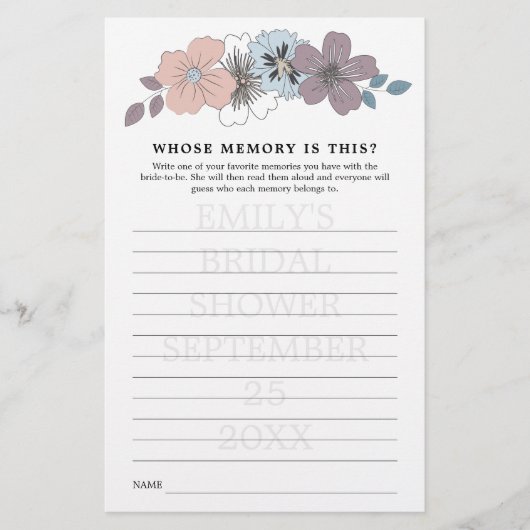 Papier Jeu de fête de mariage : quelle mémoire Fleurs ble (Devant)