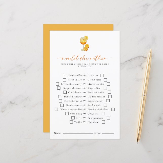 Papier Jeu de fête de mariage Would She Rather Aperol Spr (Devant/Arrière en situation)